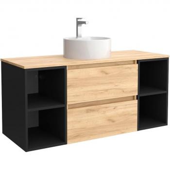 Mueble de baño Salgar Bequia 120 cm Roble con 2 cajones, 2 coquetas laterales en color Negro, 4 huecos y Lavabo sobre encimera