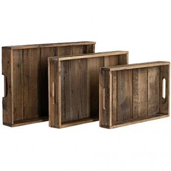 Set de 3 bandejas de aperitivos de madera de abeto natural oscuro con asas