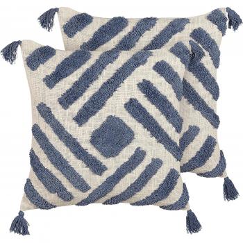 Set de 2 cojines decorativos de algodón beige y azul con patrón geométrico, 45 x 45 cm, con pompones y funda desmontable