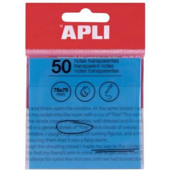 Apli Notas Adhesivas Transparentes 75x75mm Bloc de 50 Hojas Resistentes al Agua Color Azul