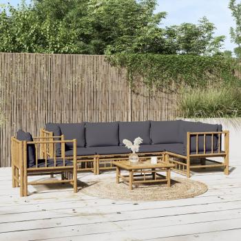 Set de muebles de jardín 7 piezas de bambú con cojines gris oscuro