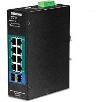 TRENDnet 10-Port Industrial Gigabit L2 Managed PoE+ DIN-Rail Switch, TI-PG102i , 8 x Gigabit PoE+ Ports, DIN-Rail Mount, 2 x SFP Slots, 24–57 V DC Power Input, IP30, VLAN, QoS