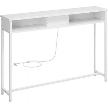 Mesa de consola delgada con multienchufe integrado, sofá con 2 compartimentos y carga oculta, ahorro de espacio, disponible en gris ahumado, blanco nube y marrón rústico, dimensiones 25x120x81
