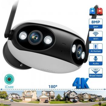 Cámara IP 4K 8MP Panorámica 180° Wifi para exteriores con visión nocturna y protección CCTV (sin tarjeta SD) - Novedad 2024