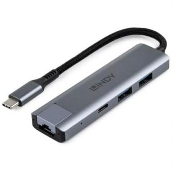 Lindy USB 3.2 Gen 2 Type-C Hub with Gigabit Ethernet Converter - 4 Ports, Gray