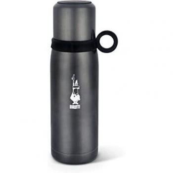 Bialetti Botella Térmica To Go con Tapa-Vaso, con Doble Pared, Se Mantiene Caliente Durante 12 hy Frío Durante 24 h, Capacidad de 460 ml, Acero, Gris Oscuro