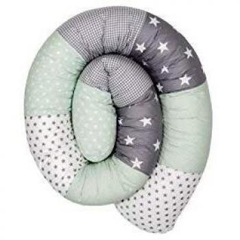 Funda Protectora para Cuna Ullenboom 200 cm Mint Gris - 100% Algodón ÖkoTex, Diseño Patchwork con Estrellas, Suave y Acolchada