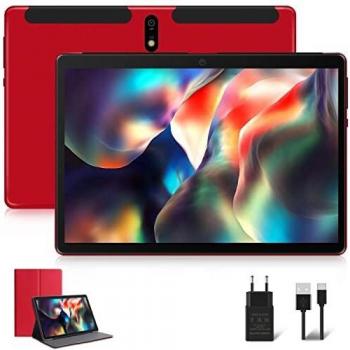 Tablet 10.1 Pulgadas JUSYEA Android Tableta con Octa-Core Processor 4GB RAM + 64GB ROM, SD/TF 128GB, WiFi, Bluetooth, 8000mAh Batería, Pantalla HD IPS, 5MP + 8MP, Google GMS, con Funda, Rojo