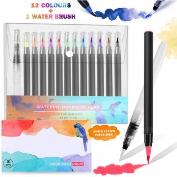 RATEL Rotuladores Acuarelables incluye 12 plumas de pincel de acuarela con punta de pincel de nylon flexible, 1 pluma de pincel de agua, 1 almohadilla de acuarela para libros