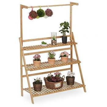 Estantería para Plantas de Bambú, 3 Baldas y Percha Plegable, 145,5 x 100 x 38 cm, Natural