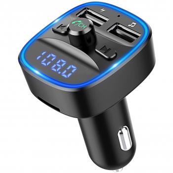 Bovon Transmisor FM Bluetooth Coche Manos Libres, Bluetooth para Coche, Cargador de Coche con Doble USB Reproductor MP3 Mechero Coche, Adaptador de Radio Soporte Tarjeta SD y U Disk