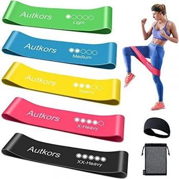 Autkors Bandas Elásticas Fitness/Bandas de Resistencia, [Set de 5] Cintas Elásticas Fitness Agradable a la Piel con Diadema Deportiva y Guía de Ejercicios de Español