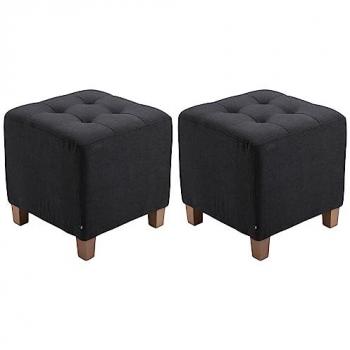 Set de 2 Taburetes Puff Pharao Tapizados en Tela Negra con Base de 4 Patas de Madera