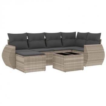 Set de Sofás de Jardín 7 Pzas con Cojines Ratán PE Gris Claro, Asientos con Respaldos, Sofás Modulares, Muebles para Patio Terraza