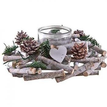 Portavelas navideño de madera y cristal - 30 x 12 cm - Marrón