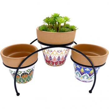 Soporte para Maceta Romimex Etnico Multicolor Metal Cerámica 27 x 17 x 12 cm con 3 cubremacetas