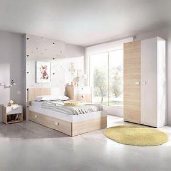 Conjunto de dormitorio Dina Pack 4: Armario, cómoda de 3 cajones, mesita de noche y cama 190x90 con 2 cajones en color blanco/natural