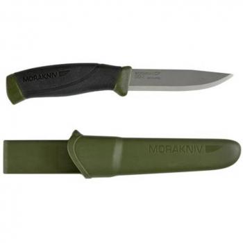 Morakniv Companion HeavyDuty MG Cuchillo con hoja de acero al carbono de 10.4 cm, mango de goma antideslizante en color verde militar y funda de polímero