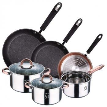 Batería de cocina San Ignacio 5 piezas acero inoxidable Ø16, Ø18, Ø20 + Juego de sartenes aluminio forjado Ø20, Ø24, Ø28