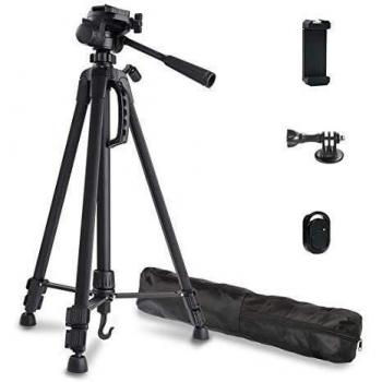 Phinistec 140cm Aluminio Trípode Cámara Réflex para Móvil y iPhone, Gopro, Smartphone con Adaptador Universal Móvil y Gopro y Control Remoto Bluetooth para Fotografía y Video