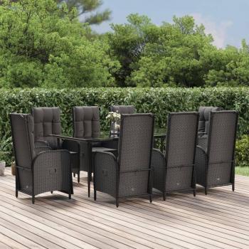 9-Piece Black Poly Rattan Garden Dining Set with Cushions