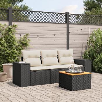 4-Piece Outdoor Sofa Set with Cushions in Black Poly Rattan