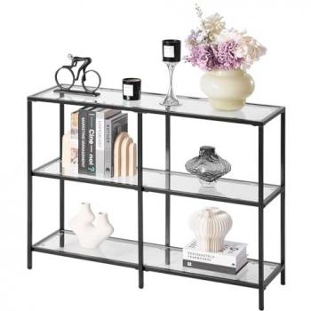 3-Tier Modern Glass Console Table with Tempered Glass Top and Iron Legs, Anti-Tip Design, Black
