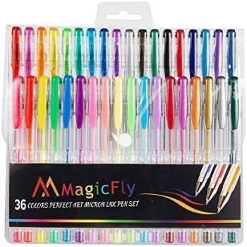 Magicfly® Set de 36 Bolígrafos / Plumas de Gel de Colores Surtidos con Caja - Con una variedad de estilos - Neón, pasteles, metálicos, brillo, Milky, etc - Perfecto para Scrapbooking, colorear, bosquejo, pintura, dibujo