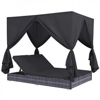 vidaXL Tumbona Cama con Cortinas de Ratán Sintético Mobiliario Terraza Muebles de Exteriores Jardín Patio Resistente a la Intemperie Resistente Gris