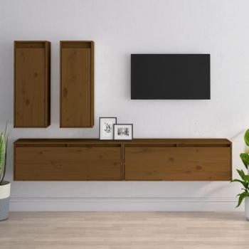 Mueble para TV 4 piezas madera maciza de pino marrón miel