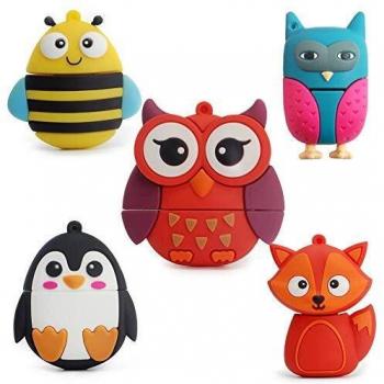 LEIZHAN 5pcsX16GB Cute Animals USB Flash Drive Lovely Fox&Bee&Owl&Penguin USB Pen Drive Sets Sticks Gift For Students Kids Children Memoria U Disk