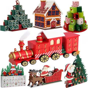 Calendario de Adviento de Madera Reutilizable Tren Navideño con 24 Cajones para Contar los Días hasta Navidad