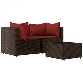 3-Piece Brown Poly Rattan Garden Lounge Set with Cushions