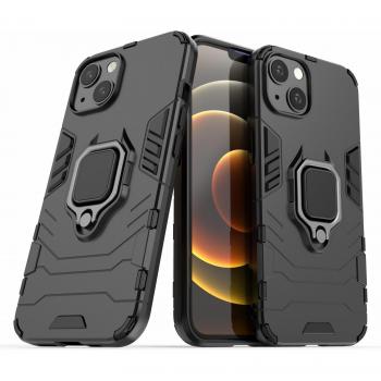 2-in-1 Anti-Drop TPU Hybrid Case with Ring Holder Kickstand and Tempered Glass for iPhone 13 - Black
