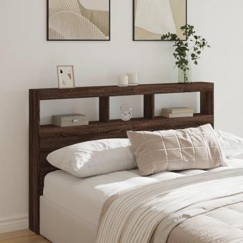 Cabecero de cama con contenedor y luz LED en color roble marrón, dimensiones 160x17x102 cm