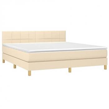 Cama Box Spring con Colchón y LED Tela Crema 180x200 cm