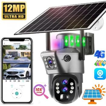 Cámara de Vigilancia Solar 4G con Zoom 10X, Resolución 6K, 12MP, Tres Lentes, Rotación 360 PTZ, Seguimiento Automático Inalámbrico, Compatible con APP V