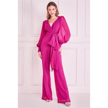 Goddiva Chiffon Puffy Sleeve Jumpsuit - Magenta