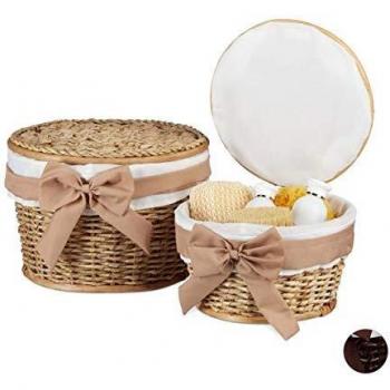 Set de 2 Cestos de Almacenaje Redondos con Tapa, en Madera de Buri, Trenzados, Color Marrón - Relaxdays