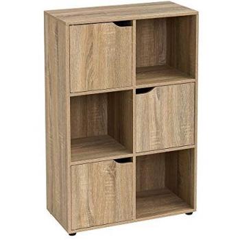 Estantería de puerta de madera marrón nórdico de 90x29x60 cm, con puertas y compartimentos abiertos, ideal para estudio, dormitorio, salón, oficina y biblioteca