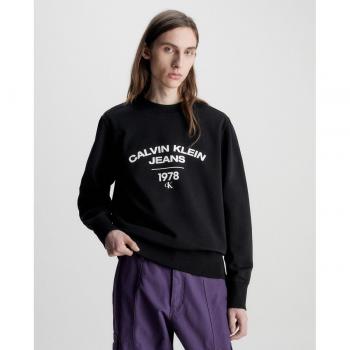 Calvin Klein Men's Black Crewneck Sweatshirt with Logo Print, Long Sleeve Fleece, Size M