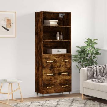 Aparador alto de madera contrachapada en roble ahumado, dimensiones 69,5x34x180 cm, con 3 cajones, mueble de almacenaje para salón, buffet y armario auxiliar