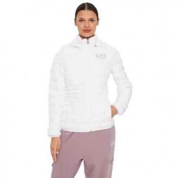 EA7 Emporio Armani Women's White Regular Fit Quilted Hooded Jacket with Logo Print