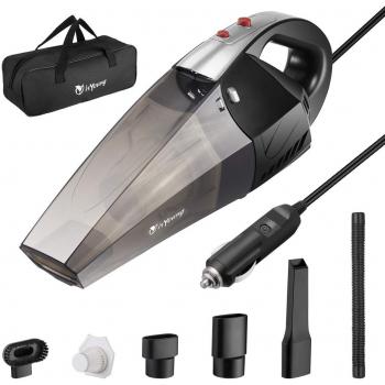 isYoung Aspirador de Coche 12V 6000PA Aspiradora de Mano Portátil Aspirador Potente con Bolsa Uso Seco y Húmedo Fácil y Ligera 120W 600ml Depósito con 2 Filtros Lavables Cepillo y 4.5M Cable