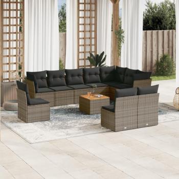 11-Piece Grey Poly Rattan Garden Sofa Set with Cushions