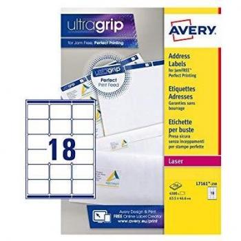 Etiquetas de Dirección Avery Ultragrip Láser 63.5x46.6mm, Pack de 4500 Etiquetas, 18 Etiquetas por Hoja A4