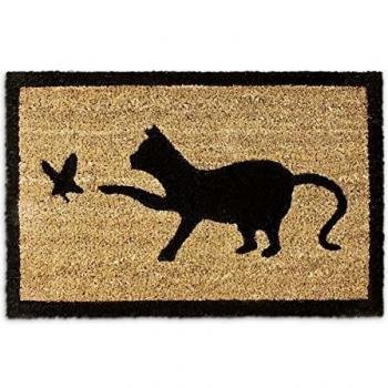 Felpudo Antideslizante de Coco con Diseño de Gato y Pájaro, 40 x 60 cm, Color Marrón
