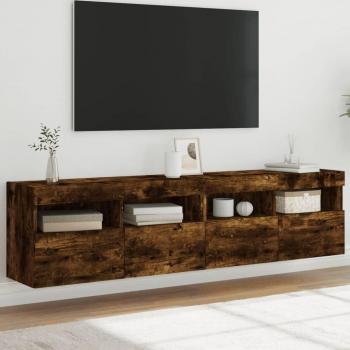 Mueble TV de pared con luces LED 2 piezas en Roble Ahumado, dimensiones 80x30x40 cm