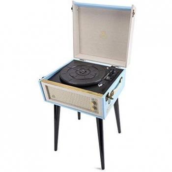 GPO Bermuda Reproductor de vinilos con patas desmontables, Bluetooth y altavoz incorporado - Azul