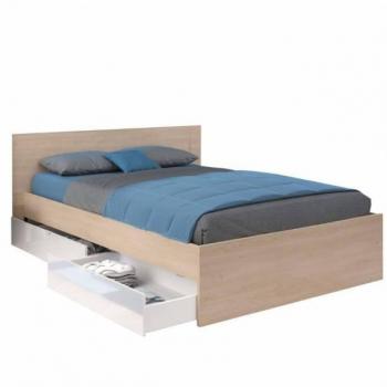 Cama Doble John con cajones color Roble Brooklyn y blanco Shiny 135-140x190 cm, Melamina Madera claro - Blanco 145x83x194